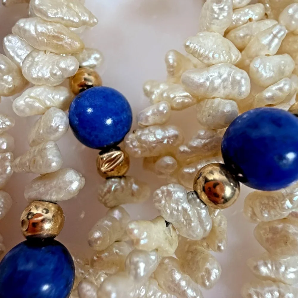 Vintage Rice Pearl Necklace Lapis Lazuli & 14K Gold Accent Beads 35